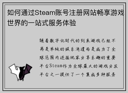 如何通过Steam账号注册网站畅享游戏世界的一站式服务体验